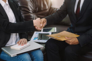 Two Confident Business Man Shaking Hands During Meeting Office Success Dealing Greeting Partner Sun Lightxa